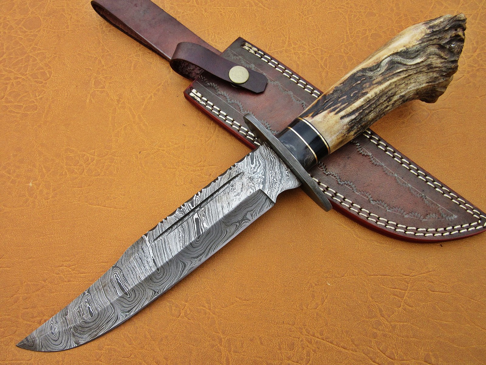 DAMASCUS STEEL BLADE BOWIE KNIFE DEER BOOLSTER 12 INCH