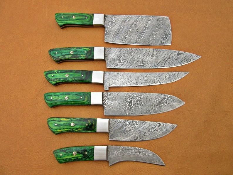 Handmade Damascus Chef Set 6 PC's With Green Wood Handle