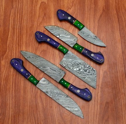 Custom Handmade Damascus Chef Knife Set with Leather Sheath