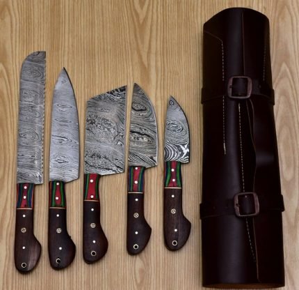 Custom Made/Damascus chef knife Set/ Wood On Handle