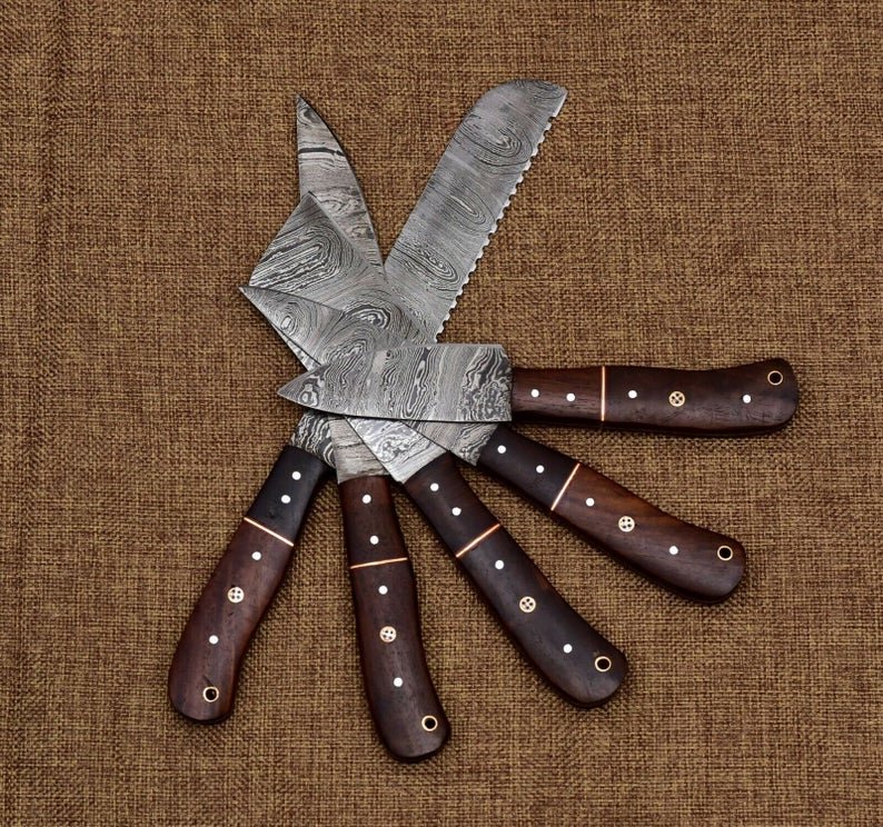 5 PC's Damascus Steel Kitchen with Chopper Or Cleaver With Leather Bag