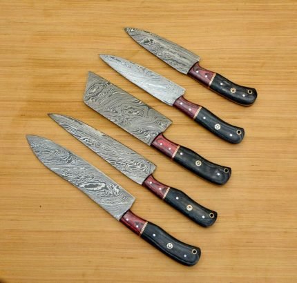 Custom Made/Damascus Chef knife Set/ Wood On Handle with Bag