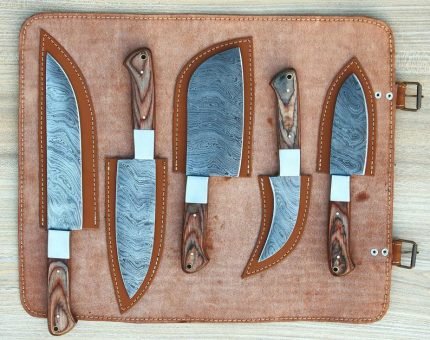 Custom Handmade Damascus Chef Knife Set with leather sheath
