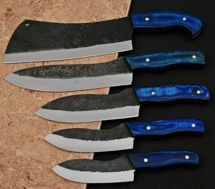 5 PC's Handmade Carbon Steel Forge Chef Set with Coaler Wood Handle