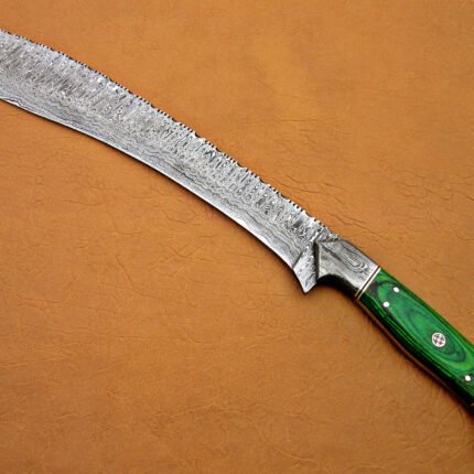 Damascus Kukrie Knife Handle Green Micarta Damascus Bolster 18 Inch