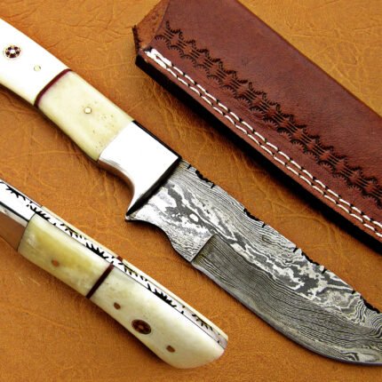 Damascus Steel Blade Hunting Knife Handle Camel Bone Overall 9 Inch