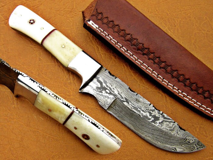 Damascus Steel Blade Hunting Knife Handle Camel Bone Overall 9 Inch