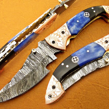 Damascus Steel Blade Folding Knife Blue Bone Horn Handle Overall 8.5 Inch