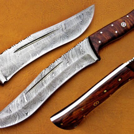 Damascus Steel Blade Bowie Knife Handle Walnut Wood Overall 18 Inch