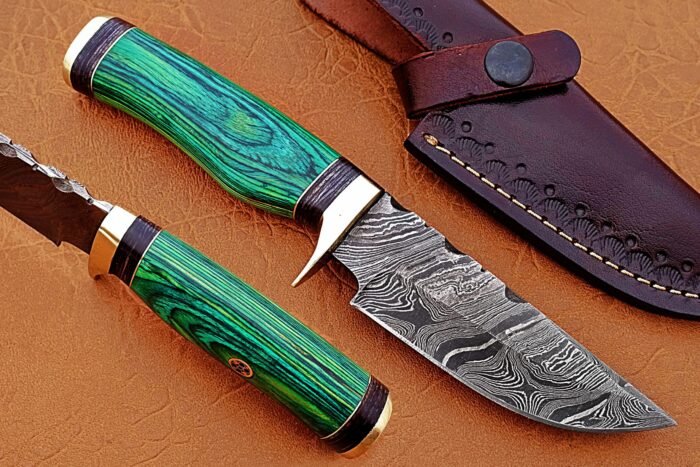 Damascus Steel Blade Hunting Handel Green Sheet Overall 8 Inch