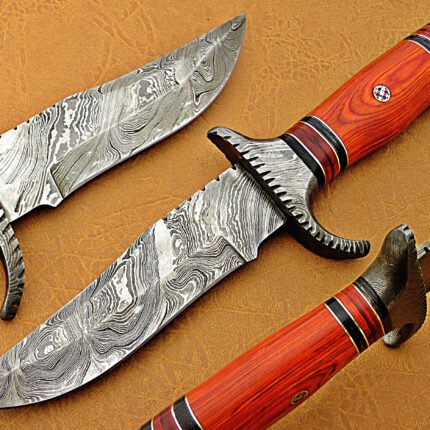 Damascus Steel Blade Hunting Knife Handle Red Sheet Overall 9 Inch