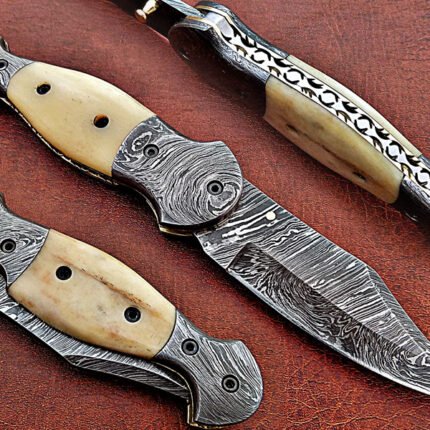 Damascus steel blade folding knife handle material camel Bone