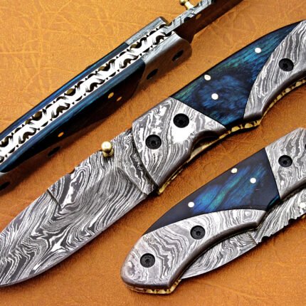 Damascus Steel Blade Folding Knife Blue Handle Overall 7.5 Inch