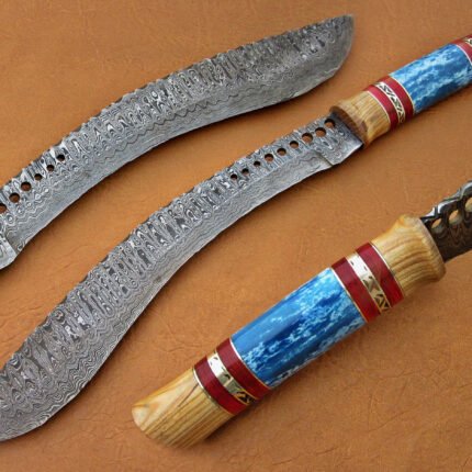 Damascus Steel Blade Kukrie Knife Handle Material Olive Wood Blue Bone 18 Inch