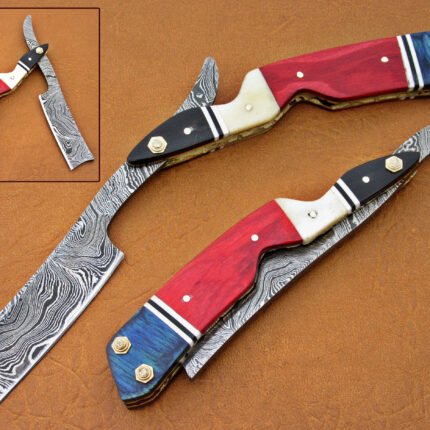 Damascus Blade Razor With Blue And Red Sheet Handle