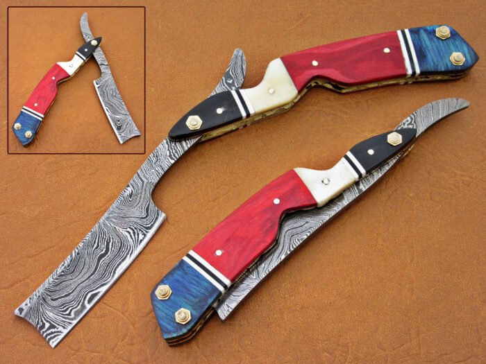 Damascus Blade Razor With Blue And Red Sheet Handle