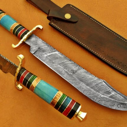 Damascus Steel Blade Bowie Knife Overall 16 Inch