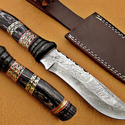 Damascus Steel Blade Bowie With Black Sheet Handle Overall 12 Inch