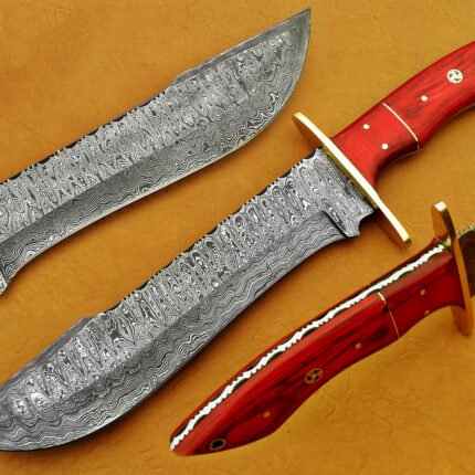 Damascus Steel Blade Bowie Knife Wood handle Overall 12 Inch