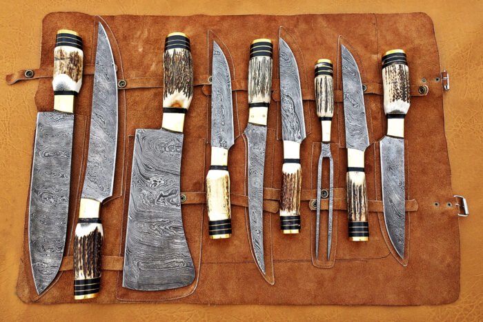 Damascus Steel Blade Chef Set Deer Antler Handle Steel Bolster 9-14 Inch