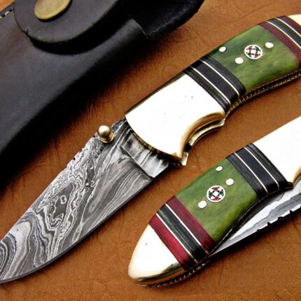 Damascus Green Folding Knife 6 Inch Bone Handle