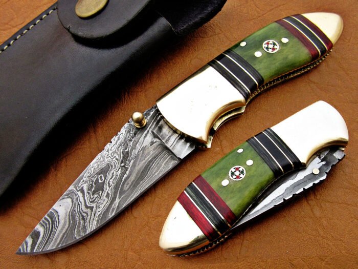 Damascus Green Folding Knife 6 Inch Bone Handle