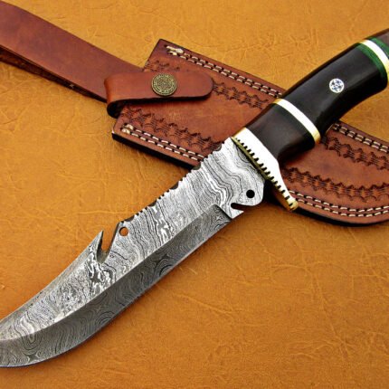 Damascus Steel Blade Bowie Olive Wood Buffalo Horn 12 Inch