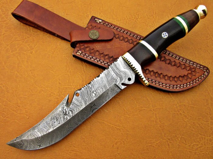 Damascus Steel Blade Bowie Olive Wood Buffalo Horn 12 Inch