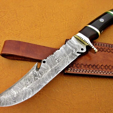 Damascus Steel Blade Bowie Olive Wood Buffalo Horn 12 Inch