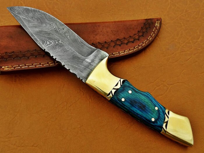 Damascus Steel Blade Skinner Knife With Blue Sheet Handle