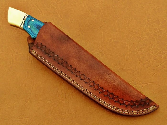 Damascus Steel Blade Skinner Knife With Blue Sheet Handle