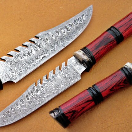 Damascus Steel Blade Hunting Knife Handle Red Sheet Buffalo Horn 9 Inch