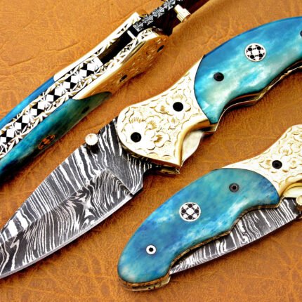 Damascus Steel Blade Folding Knife Blue Bone