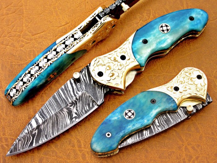 Damascus Steel Blade Folding Knife Blue Bone