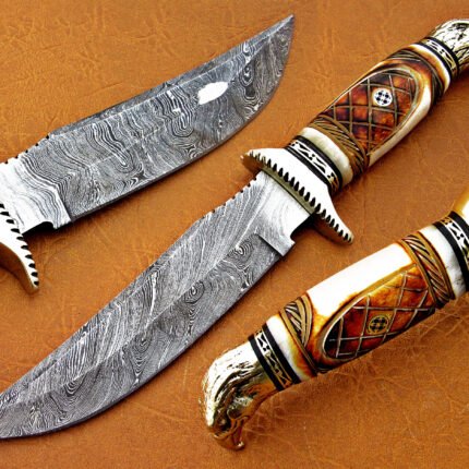 Damascus Steel Blade Kinfe Bowie Knife Deer Antler Overall 12 Inch