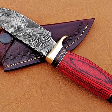 Damascus Steel Blade Hunting Knife Handle Red Micarta 9 Inch