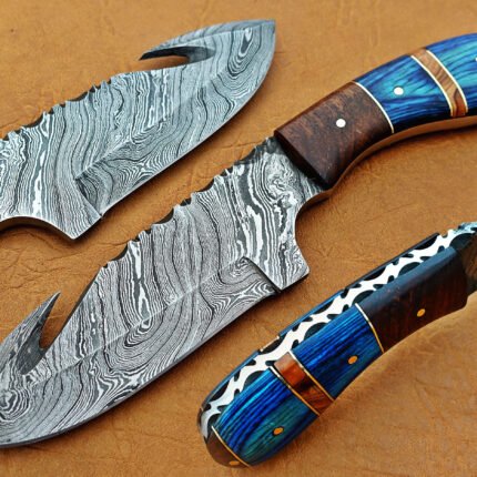 Damascus Steel Blade Skinner Knife With Blue Wood Handle