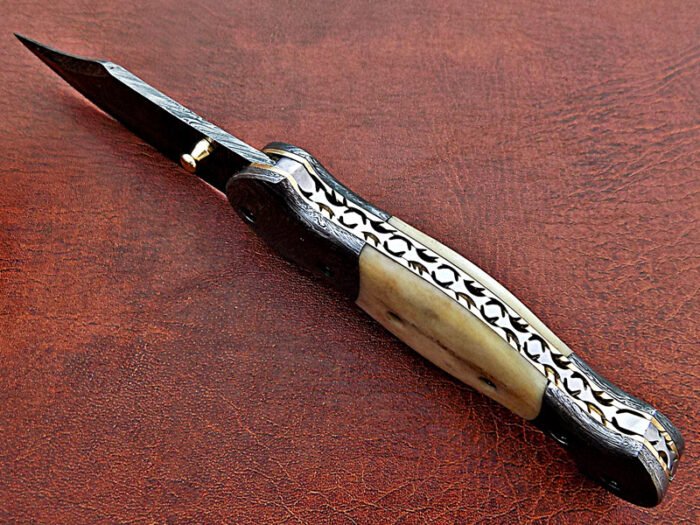 Damascus steel blade folding knife handle material camel Bone