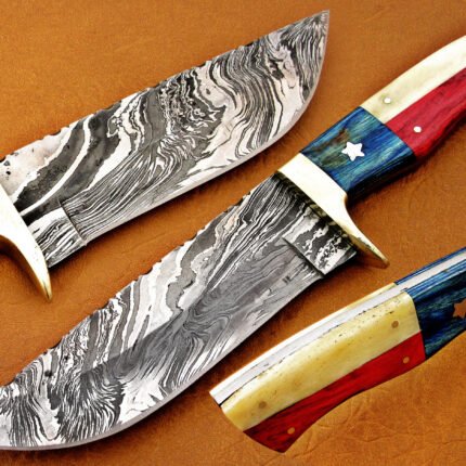 Damascus Steel Blade Hunting Knife Handle American Flag 9 Inch