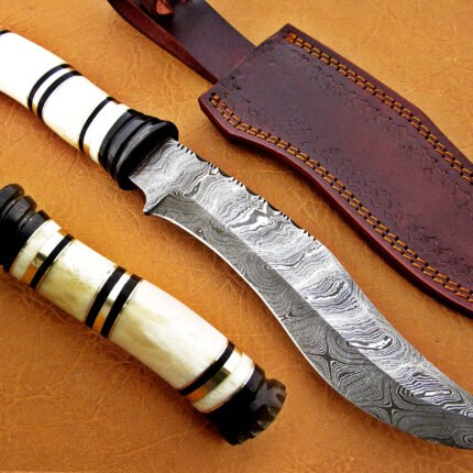 Damascus Steel Blade Bowie Knife Handle Camel Bone Overall 12 Inch