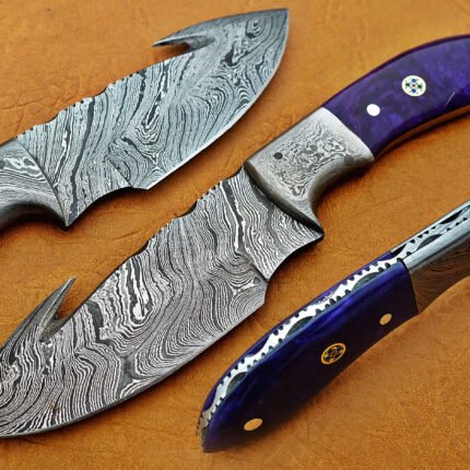 Damascus Steel Blade Skinner Knife With Purple Bone Handle