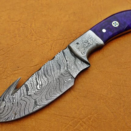 Damascus Steel Blade Skinner Knife With Purple Bone Handle