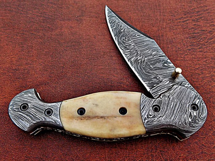 Damascus steel blade folding knife handle material camel Bone