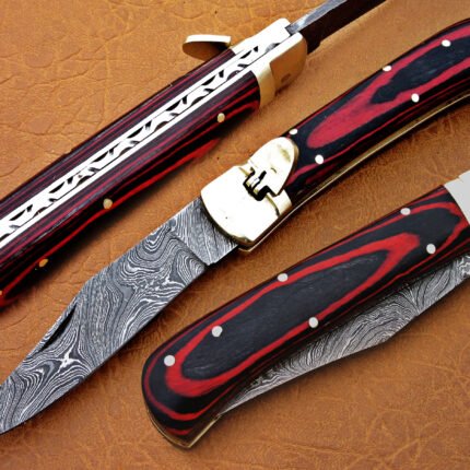 Damascus Steel Blade Knife With Folding Handle Overall 8.5 Inch