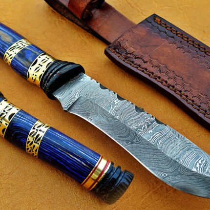 Damascus Steel Blade Bowie Handle Material Blue Sheet Overall 12 Inch