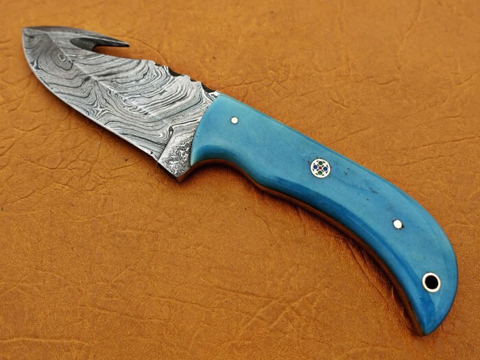 Damascus Steel Blade Skinner Knife With Blue Color Bone Handle
