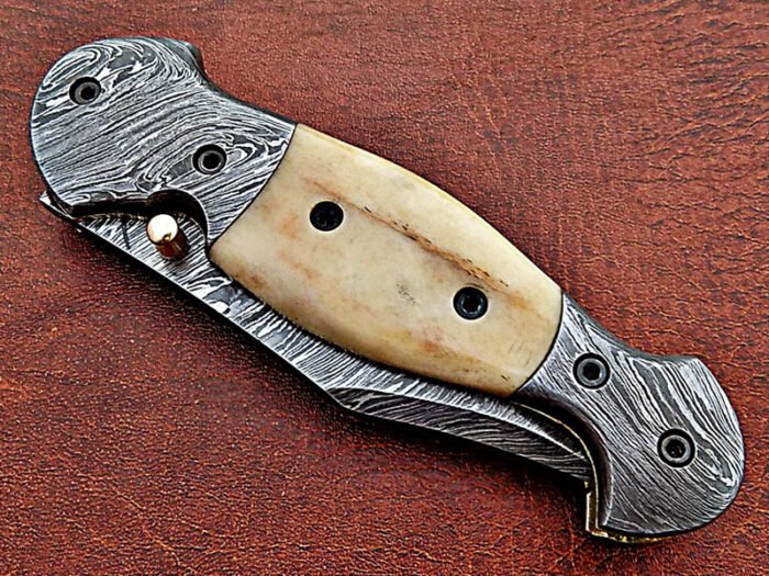 Damascus steel blade folding knife handle material camel Bone