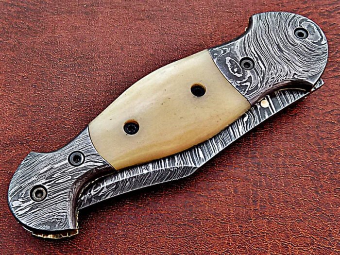 Damascus steel blade folding knife handle material camel Bone