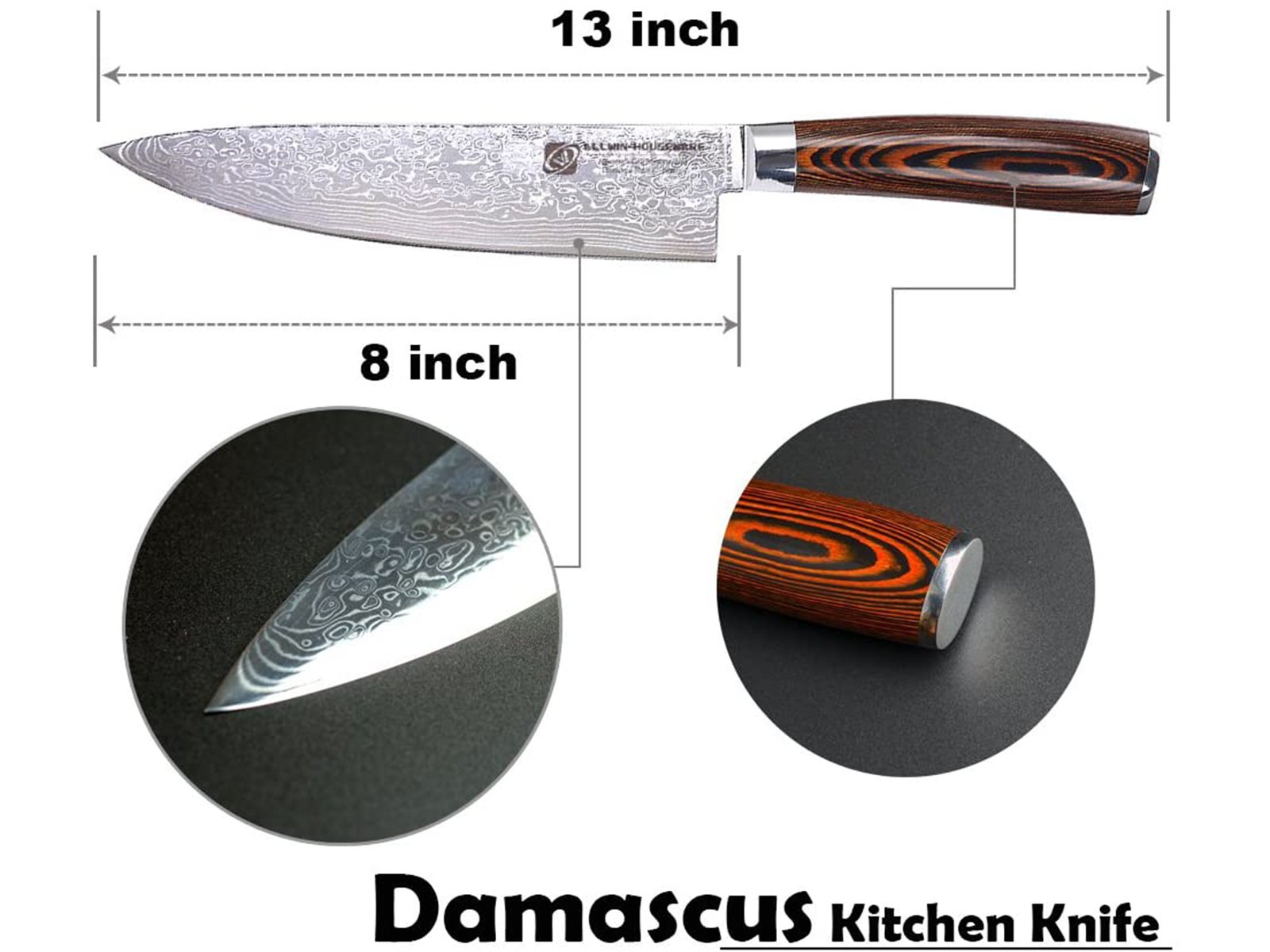 Damascus Chefs Knife, 67-layer Handmade 8" Damascus Chef Knife