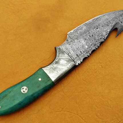 Damascus Steel Blade Skinner Knife With Green Bone Handle 8 Inch